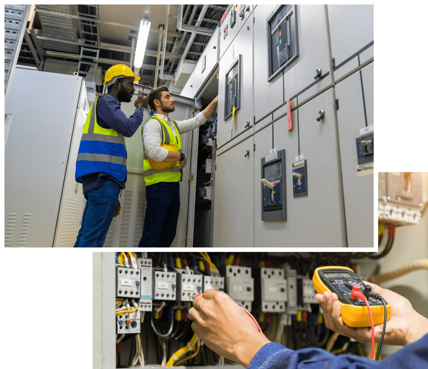 Engineers working on electrical control panels. Engineers working on electrical control panels.
