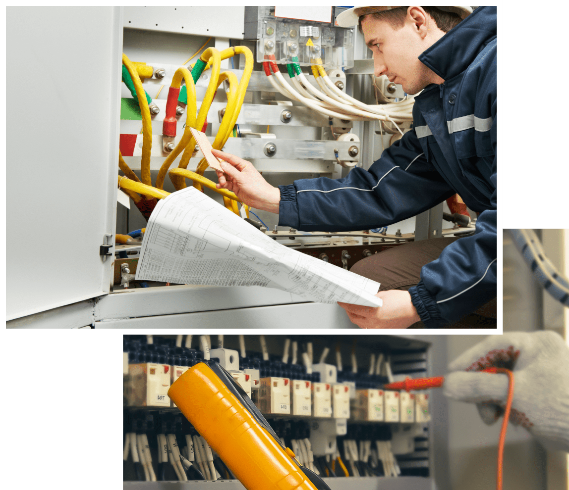 Electrician inspecting wiring and testing equipment. Electrician inspecting wiring and testing equipment.