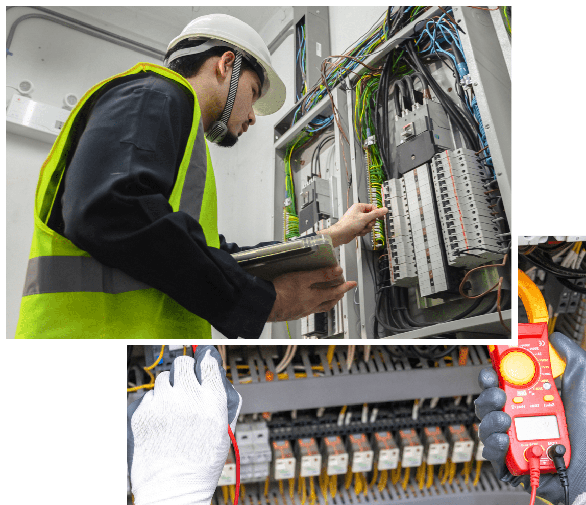 Electrician inspecting and testing electrical panels. Electrician inspecting and testing electrical panels.