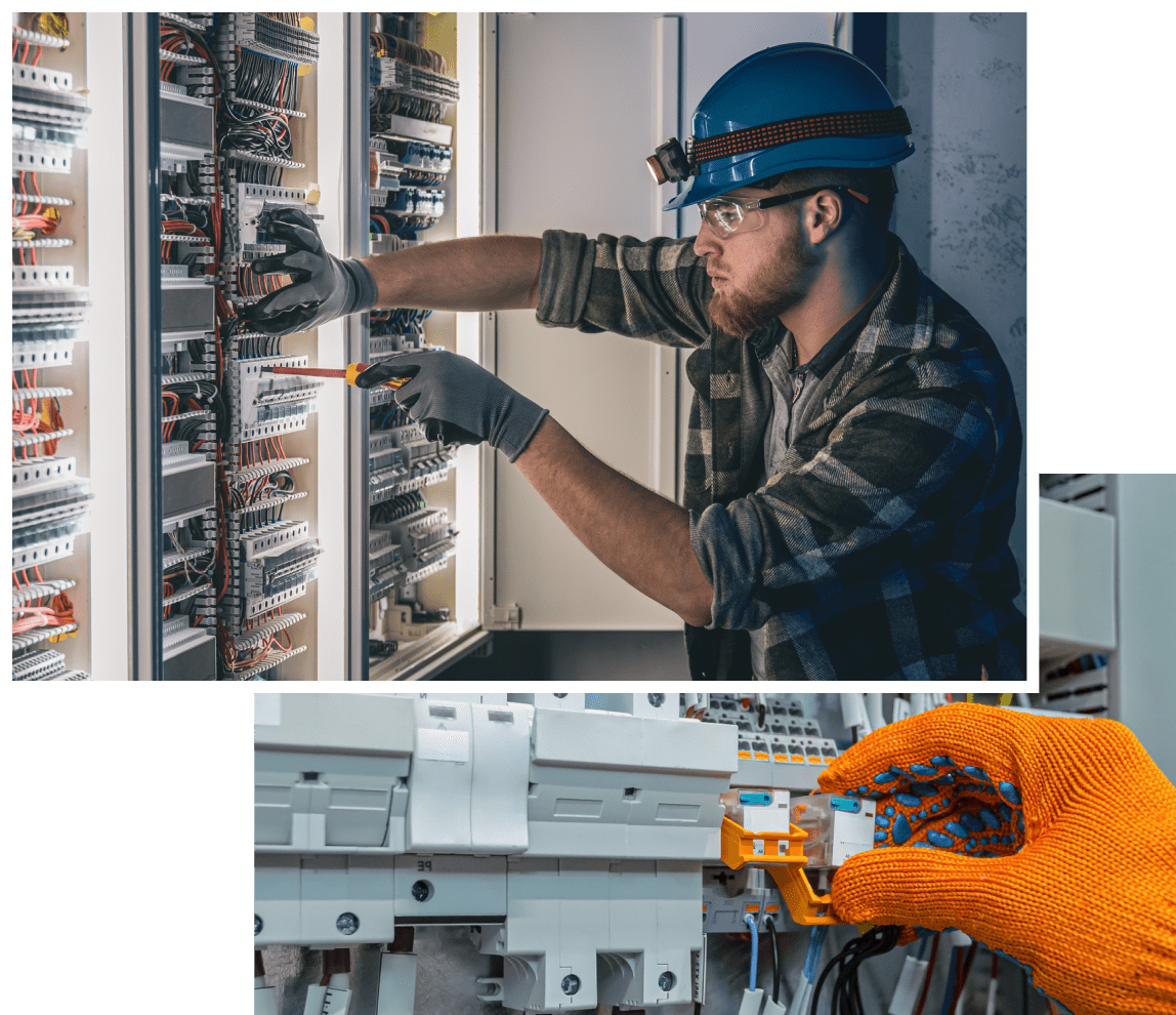 Electrician working on circuit breaker panel. Electrician working on circuit breaker panel.